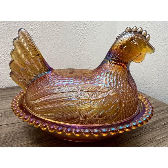 None and/or Unknown Other - Indiana Glass Amber Iridescent Hen on Nest Dish Vintage Style Carnival Glass